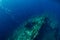 Free diver man dive at shipwreck, underwater ocean