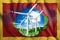 Free energy, windmills against the background of nature and the flag of Montenegro. The concept of clean energy, renewable energy