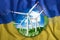 Free energy, windmills against the background of nature and the flag of Ukraine. The concept of clean energy, renewable energy