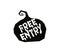Free entry label for pumpkin party, halloween tag, black silhouette, emblem design template, vector illustration.