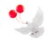 Free flying white dove with red balloons