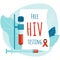 Free HIV testing. Aids poster design. HIV test tube and syringe.