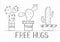 `Free Hugs` hand lettering phrase with doodles of cute catuctuses in different flower pots