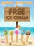 Free ice cream wood board sign on sea sand beach