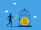 Free from locking money or controlling money. man uses key to unlock coins from birdcage. concept of finance and investment