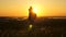 Free male traveler with backpack stands on edge of mountain in rays of dawn, raises his hands and enjoys victory