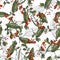 Free painting of summer leaf and red and orange exotic flora, nature motifs with flowers. Seamless hawaii pattern. Retro green