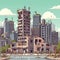 Free  post-apocalypse city cartoon with empty destroyed living buildings illustration