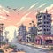 Free  post-apocalypse city cartoon with empty destroyed living buildings illustration