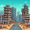 Free  post-apocalypse city cartoon with empty destroyed living buildings illustration