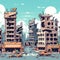 Free  post-apocalypse city cartoon with empty destroyed living buildings illustration