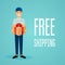 Free shipping business concept. Delivery man with a box. Flat de