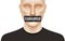 Free speech censorship concept vector illustration. Man with CENSORED duct tape covering his mouth.