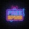 Free spins neon design on black background. Neon Retro template with black free spins on light background for game