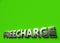 Freecharge word as 3D sign or logo concept placed on green surface with copy space above it. Freecharge technologies concept. 3D