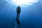 Freediver Swimming in Deep Sea With Sunrays