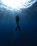 Freediver Swimming in Deep Sea With Sunrays