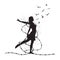 Freedom concept.Girl silhouette with barbed wire and birds. Release from barbed wire