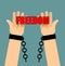 Freedom. Hands in shackles. Broken chain. Broken handcuffs. Palm