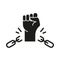 Freedom and Human Rights Silhouette Icon. Broken Shackles with Fist Raised Up Black Icon. Chain of Slavery Damaged