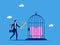 Freedom in savings and investments. Businessman uses a key to open a piggy bank in a cage. business concept