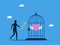 Freedom in savings and investments. man uses a key to open a piggy bank in a cage. business concept