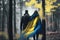 Freedom in the Woods: Ukrainian Couple with Flag Walking Hand in Hand
