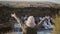 Freedom: young woman standing near waterfalls in Iceland and raising hands up, takes off hat and feeling happy.