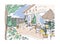 Freehand drawing of backyard patio or terrace furnished in Scandinavian hygge style. House veranda with modern furniture