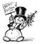 Freehand drawing of cheerful snowman with small christmas tree and greeting placard