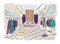 Freehand drawing of clothing boutique interior with hanging racks, furnishings, mannequin dressed in stylish clothes