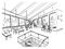 Freehand drawing of open space or coworking with large panoramic windows and comfortable furniture. Sketch of interior