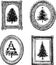 Freehand drawings of christmas trees in various decorative picture frames