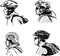 Freehand drawings of profile heads various young cyclists in sports helmets