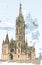 Freehand drawn illustration of the famous Matthias Rex Cathedral in Budapest, Hungary