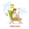 Freelance concept. Man sitting on the chaise lounge