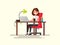 Freelance. The girl the designer or photographer behind a desktop. Vector illustration