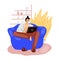 Freelance man work in comfortable cozy home office in armchair sofa vector flat illustration. Freelancer man character