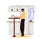 Freelance man work in comfortable cozy home office in kitchen vector flat illustration. Freelancer man character working
