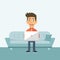 Freelance worker sitting on sofa with lap top. Workplace concept. Flat vector