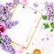 Freelancer or blogger workspace with clipboard, notebook, pen, lilac, and tulips on white background. Flat lay, top view.