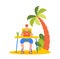 Freelancer or Distant Employee Work on Beach with Cocktail. Businessman Character in Summer Wear Sitting with Laptop