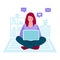 Freelancer girl with laptop works  sits on the floor. Vector concept of remote work  from home. Vector illustration in flat