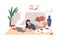 Freelancer girl working remotely lying on floor at cozy living room vector flat illustration. Modern female relaxing