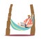 Freelancer guy work on laptop computer lying in hammock on island. Remote freelance occupation