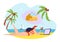 Freelancer with laptop, concept, vector illustration, flat woman character lying at beach, freelance work at summer sea