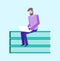 Freelancer Man Siting on Pile of Books Vector