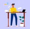 A freelancer man working at laptop on the table with height adjustment. Concept of remote work from home. Flat design