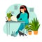 Freelancer woman with laptop working at home vector illustration