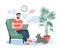 Freelancer works at home flat vector illustration, cartoon bearded happy hipster man character sitting in comfortable